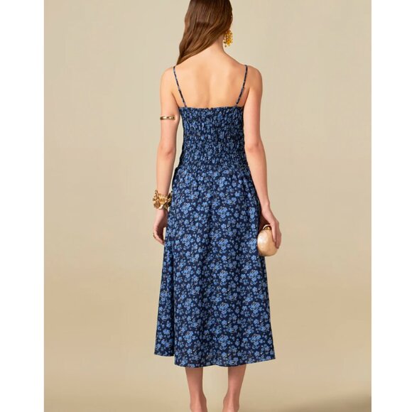 ENGLISH FACTORY Navy Floral Print Smocked Midi Dress, Size S - Picture 3 of 12